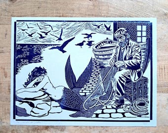 La red del pescador - Grabado original en linóleo del mar, marinero y sirena, obra de arte náutica A3, decoración costera para el hogar