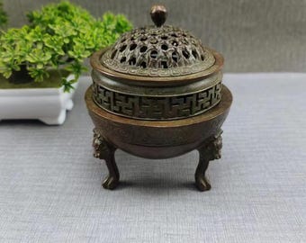 Vintage Bronze Chinese Censer, Three-Legged Incense Holder with Lid