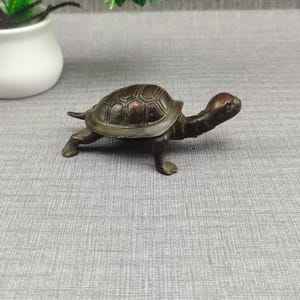 May include: A small, dark brown metal turtle figurine with a detailed, segmented shell and an extended neck. The turtle is depicted in a walking stance with four legs visible, showcasing a smooth, weathered texture across its entire body.