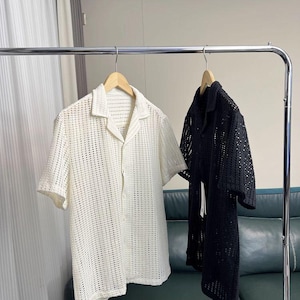 Lochmuster Kurzarm Shirt, Lockere Retro Casual Bluse Top / Weiß / Schwarz