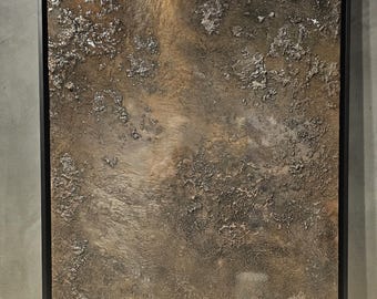 Pintura Planetario Oro Plata Nácar – Resina Cristalizada Brillante sobre Yeso – Escultura de Pared – Lista para Enviar 96,5 x 73,5 cm