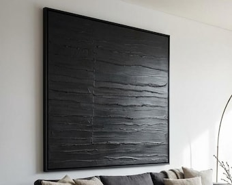 Black 3D Textured Wall Art – Large Plaster Wave Painting – Minimalist Abstract Decor – Handmade in Italy