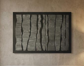 Pintura 3D a rayas negras y plateadas – Panel de material escultórico – Arte abstracto contemporáneo oscuro – Hecho a medida