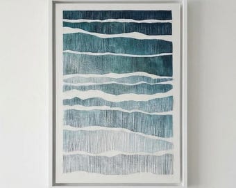 Cuadro 3D de rayas azul verdoso – Líneas de yeso texturizadas – Arte mural geométrico abstracto – Hecho a mano en Florencia