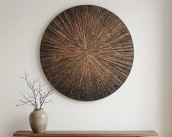 Arte mural circular de cobre y negro - Pintura texturizada de yeso y metal - Decoración de pared de lujo hecha a mano
