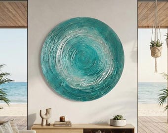 Pintura abstracta moderna sobre panel de madera - Círculo turquesa y plateado - Arte de pared redondo Wabi Sabi / Boho.