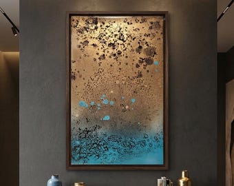 Pintura de oro y turquesa cristalizados – Resina brillante con efecto retroiluminado – Arte abstracto precioso – Hecho a mano en Florencia