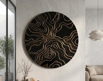 Gran panel de yeso negro brillante pintado a mano en 3D con textura abstracta dorada y arte mural contemporáneo.