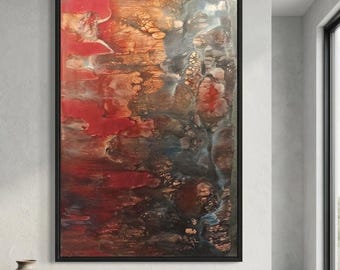 Pintura cristalizada con resina coloreada - Arte mural contemporáneo único - Panel decorativo rojo y plateado - Brillo/Mate