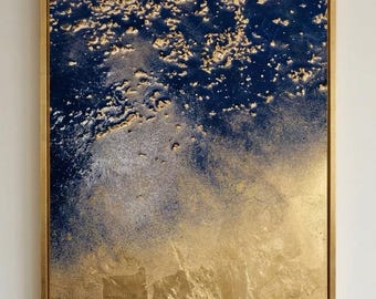 Pintura texturizada de hojas doradas y azules - Arte mural de yeso - Arte mural original - Pieza de diseño interior única y lujosa