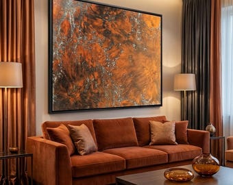 Pintura cristalizada con resina coloreada - Arte mural contemporáneo único - Panel decorativo rojo y plateado - Brillo/Mate