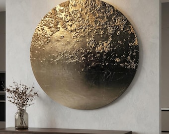 Cuadro redondo con textura dorada – Escultura circular de yeso y pan de oro – Panel lunar 3D brillante – Hecho a mano en Florencia