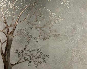 Cuadro de árbol con hojas de plata pura – Acabado brillante en lima y bajorrelieve – Arte mural 3D hecho a mano – Listo para enviar 253 x 123 cm
