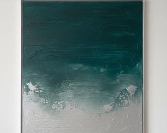 Pintura abstracta verde y plateada – Pintura con espátula texturizada – Arte mural contemporáneo – Hecho a mano en Florencia