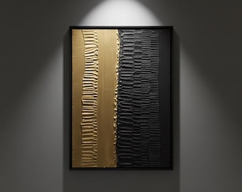 Black and gold luxury wall art with relief texture – Contemporary sculpted panel for refined modern interior