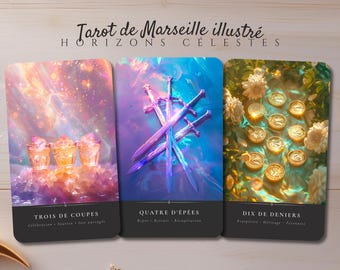 Tarot von Marseille: Himmlische Horizonte • 78 Karten mit Schlüsselwörtern • Französisch