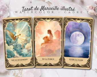 Tarot von Marseille, Aquarell – Gerahmte Ausgabe • 78 Karten mit Schlüsselwörtern • Französisch