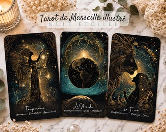 May include: Three rectangular tarot cards from the Tarot de Marseille illustré Nuit Étoilée deck. The cards feature dark blue and gold celestial illustrations of Temperance, The World, and Strength with French text labels at the bottom.