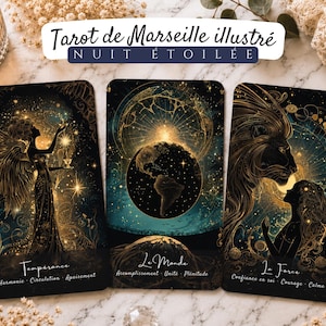 May include: Three rectangular tarot cards with black backgrounds and gold celestial illustrations. The cards feature the titles Temperance, Le Monde, and La Force, with additional French text below each. The cards are arranged horizontally.