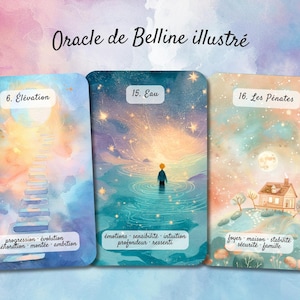Puede incluir: Tres cartas de oráculo ilustradas con fondos de acuarela. Las cartas presentan el texto "Oracle de Belline illustré". Cada carta tiene una ilustración y un texto únicos. La primera carta muestra una escalera, la segunda una persona en el agua y la tercera una casa.