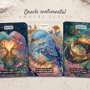 Op de afbeelding: Drie rechthoekige orakelkaarten getiteld Oracle sentimental AMOURS ÉCRITS. De linkerkaart toont een hartvormige boom met de tekst Âme sœur en Une connexion rare se manifeste. De middelste kaart toont een blauwe vogel met Confiance en Un sentiment de sécurité accompagne cette relation. De rechterkaart toont een gouden ring met Engagement en Le lien se construit avec une volonté de s'engager.