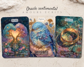 May include: Three oracle cards titled Oracle sentimental AMOURS ÉCRITS. The first card shows a heart-shaped tree, the second a blue bird, and the third a gold ring. Each card features French text labels and descriptive phrases in a fantasy art style.