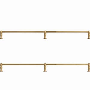 May include: Two identical horizontal brass rods, each featuring three vertical support posts with rounded finials and circular mounting bases. The metal has a smooth, polished finish with a warm, golden tone, arranged in parallel rows.
