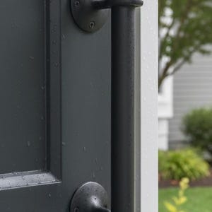 Può includere: Primo piano di una porta grigio scuro con una maniglia verticale nera. La maniglia ha un design cilindrico con una maniglia circolare ed è montata sulla porta con due piastre rotonde nere. La porta è bagnata dalla pioggia.