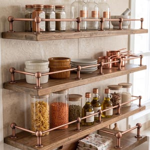May include: Three wall-mounted wooden shelves featuring copper-toned metal railings. The shelves hold various kitchen items including glass spice jars, clear storage canisters filled with pasta and lentils, ceramic bowls, plates, and glass oil bottles.