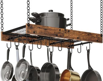 Perchero industrial para colgar ollas en el techo, para montar en la pared, para cocina y organizar utensilios de cocina. (Ganchos extra en forma de S).