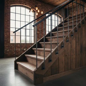May include: A wooden staircase with dark metal railings and supports. The stairs are made of light-colored wood and are set against a backdrop of exposed brick and large windows. The overall design has an industrial aesthetic.