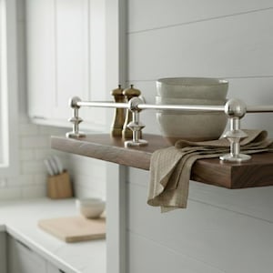 Può includere: Una mensola in legno con una ringhiera in metallo, che contiene due ciotole e un panno beige piegato. La mensola è montata su un muro bianco. Due macinini per spezie sono anche sulla mensola. La mensola fa parte di una cucina.