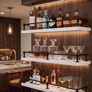 May include: Three white floating shelves with black metal railings mounted on a dark wood wall. The shelves hold various glass liquor bottles, crystal decanters, clear drinking glasses, martini glasses, a copper cocktail shaker, and a bar spoon.