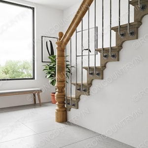May include: A wooden staircase with a light brown finish and black metal balusters. The stairs have decorative brackets and are set against a white wall. A wooden bench and a large window are visible in the background.