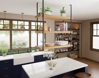 Ceiling Mounted Floating Shelf Bracket Industrial Steel Suspended Kitchen Island Storage Hanging Hardware.