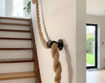 Industrial Jute Rope Stair Railing – Rustic Metal Bracket Handrail