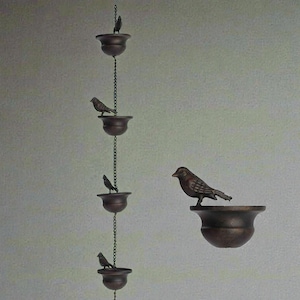 Puede incluir: Cadena de lluvia de bronce con cuatro tazas decorativas con pájaros, unidas por una cadena. Un quinto pájaro está sobre una taza separada. La cadena, de unos 100 cm de largo, sustituye a una bajante.