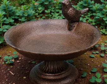 May include: A bronze-colored bird bath with a detailed bird sculpture perched on the rim. The bird bath has a wide, shallow bowl and a decorative pedestal base. The bird bath is outdoors, surrounded by green plants and brown soil.