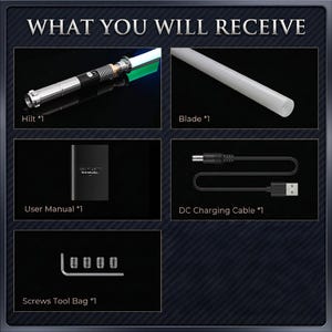 Puede incluir: Un conjunto de productos etiquetado WHAT YOU WILL RECEIVE que contiene una empu&ntilde;adura de metal plateado y negro con una hoja de luz verde, una hoja cil&iacute;ndrica blanca, un manual de usuario negro, un cable de carga DC negro y cuatro tornillos.