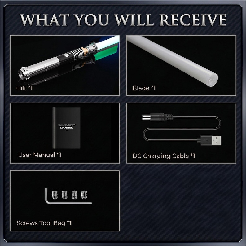 Puede incluir: Un conjunto de productos etiquetado WHAT YOU WILL RECEIVE que contiene una empu&ntilde;adura de metal plateado y negro con una hoja de luz verde, una hoja cil&iacute;ndrica blanca, un manual de usuario negro, un cable de carga DC negro y cuatro tornillos.