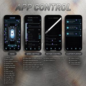 Pode incluir: Quatro smartphones exibindo uma interface de aplicativo com o texto "APP CONTROL". As telas mostram op&ccedil;&otilde;es para um sabre, configura&ccedil;&otilde;es b&aacute;sicas, controle de movimento e fun&ccedil;&otilde;es personalizadas. O aplicativo inclui recursos como sele&ccedil;&atilde;o de cores e efeitos de luz.