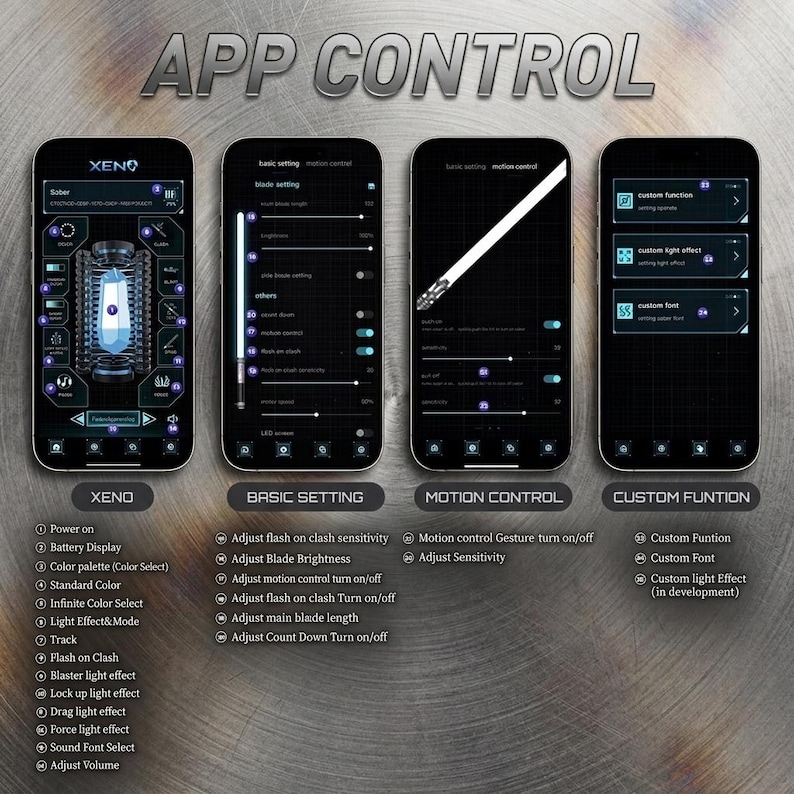 Pode incluir: Quatro smartphones exibindo uma interface de aplicativo com o texto "APP CONTROL". As telas mostram op&ccedil;&otilde;es para um sabre, configura&ccedil;&otilde;es b&aacute;sicas, controle de movimento e fun&ccedil;&otilde;es personalizadas. O aplicativo inclui recursos como sele&ccedil;&atilde;o de cores e efeitos de luz.