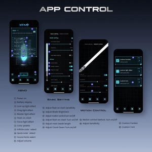 Op de afbeelding: Een digitale interface voor een apparaat, met app-bedieningsfuncties. De afbeelding toont vier smartphoneschermen met een donker thema, met instellingen voor bladlengte, helderheid en bewegingsbesturing. Tekst bevat "APP CONTROL" en "XENO".