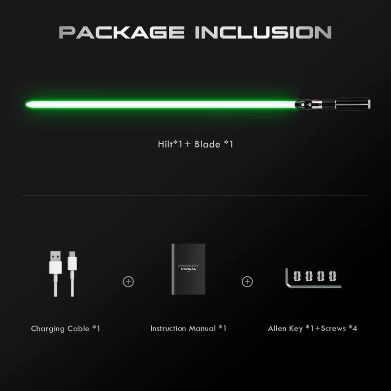 Op de afbeelding: Een groen lichtzwaard met een zwarte en zilveren handgreep, vergezeld van een oplaadkabel, een handleiding en een inbussleutel met schroeven. De tekst "PACKAGE INCLUSION" is inbegrepen.
