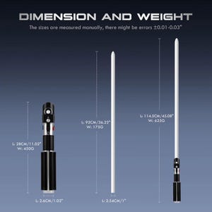 May include: Image showing three lightsabers with dimensions and weight. The lightsabers are black and silver with white blades. The text at the top says "DIMENSION AND WEIGHT". The shortest lightsaber is 11.02 inches long and weighs 450 grams. The longest is 45.08 inches long and weighs 625 grams.