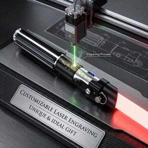May include: A black and silver lightsaber with a red blade is being laser engraved with the text "May the Force Be With Ryan". The image shows the engraving process with a laser beam. The text "Customizable Laser Engraving Unique & Ideal Gift" is also visible.