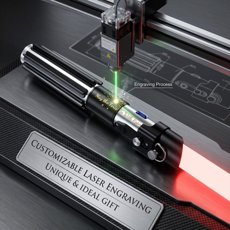 May include: A black and silver lightsaber with a red blade is being laser engraved with the text "May the Force Be With Ryan". The image shows the engraving process with a laser beam. The text "Customizable Laser Engraving Unique & Ideal Gift" is also visible.