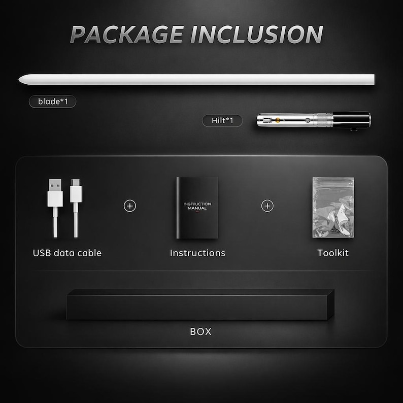 Pode incluir: Um pacote de produtos com o texto "PACKAGE INCLUSION" inclui uma l&acirc;mina branca, uma empunhadura, um cabo de dados USB, instru&ccedil;&otilde;es, um kit de ferramentas e uma caixa preta. Os itens est&atilde;o dispostos em um fundo escuro.