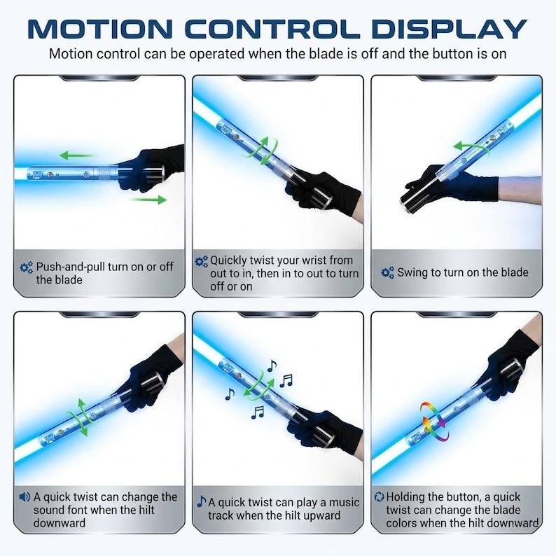 Pode incluir: Um diagrama que ilustra os controles de movimento de um sabre de luz. As instru&ccedil;&otilde;es mostram como ligar e desligar a l&acirc;mina, alterar as fontes de som, reproduzir m&uacute;sica e alterar as cores da l&acirc;mina. O sabre de luz tem uma l&acirc;mina azul.