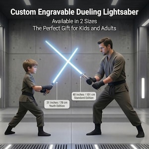Puede incluir: Sable de luz de duelo personalizable y grabable disponible en dos tama&ntilde;os. La edici&oacute;n Youth mide 78 cm y la edici&oacute;n Standard mide 101 cm. Ambos cuentan con empu&ntilde;aduras met&aacute;licas y hojas azules brillantes sostenidas por dos personas con ropa oscura.
